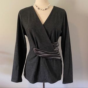 WHBM heather gray wrap top with velvet trim